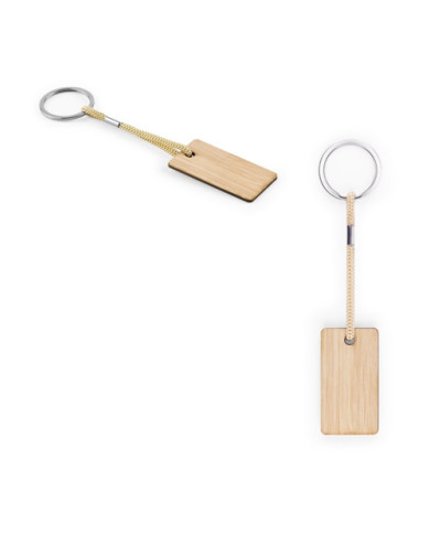 HOPPS. Porte-clés rectangulaire en bambou avec cordon en PET