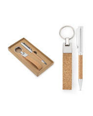 EVANS. Set composé d'un stylo à bille et d'un porte-clés, tous deux en métal et en liège