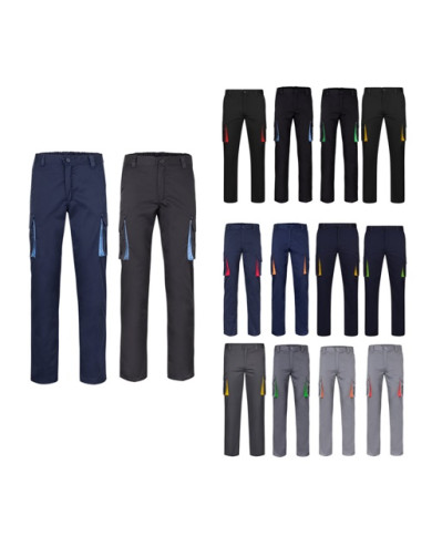 VL FIDES. Pantalon stretch bicolore, multipoches (240g/m²), en coton (46%), EME (38%) et polyester (16%)