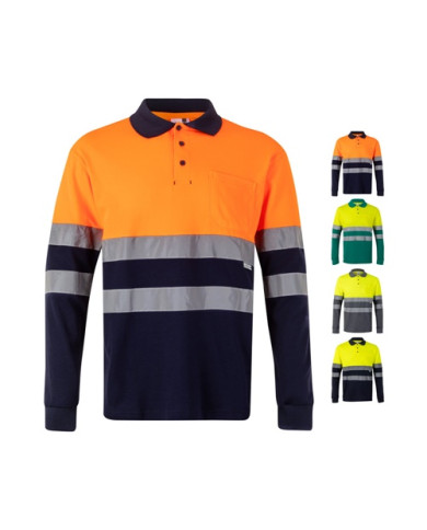 VL PLUTO LARGE. Polo piqué bicolore (150g/m²) à manches longues, en coton (55%) et polyester (45%)