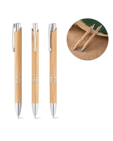 BETA BAMBOO. Stylo à bille en bambou avec clip et attributs métalliques