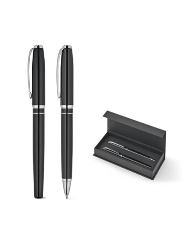 SARAMAGO. Coffret haut de gamme comprenant 1 stylo à bille et 1 stylo roller en cuivre et acier inoxydable, à encre bleue