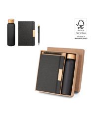 SCLIAR. Ensemble composé d'un stylo à bille, d'un bloc-notes et d'une bouteille, fabriqués à partir de PET recyclé, d'aluminium