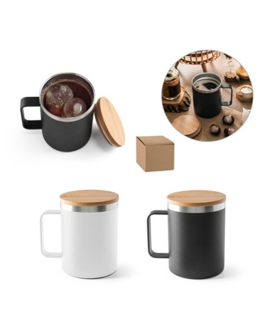 LAUDA. Mug en acier inoxydable recyclé à 90% avec couvercle en bambou 420 mL
