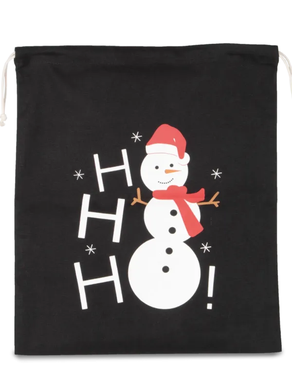 Cotton bag with snowman design and drawcord closure