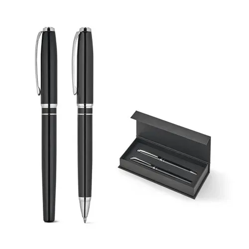 SARAMAGO. Set premium compuesto por 1 bolígrafo y 1 roller en cobre y acero inoxidable, con tinta azul