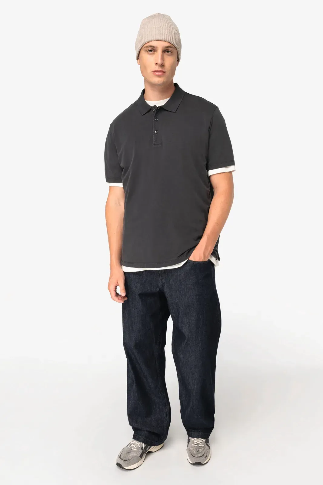 Eco-friendly men's washed effect jersey polo shirt