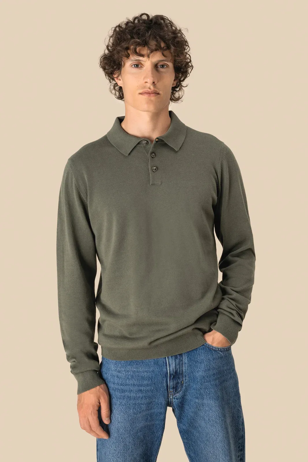 Eco-friendly men's knitted long sleeve polo shirt