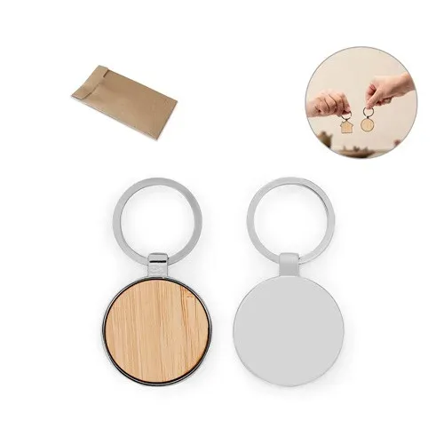 GASTON ROUND. Porte-clés rond en zinc et bambou