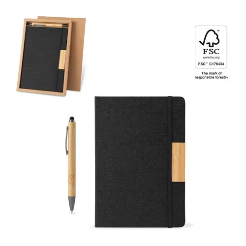 HOMERO. Set composé d'un bloc-notes A5 à couverture rigide et d'un stylo à bille en bambou