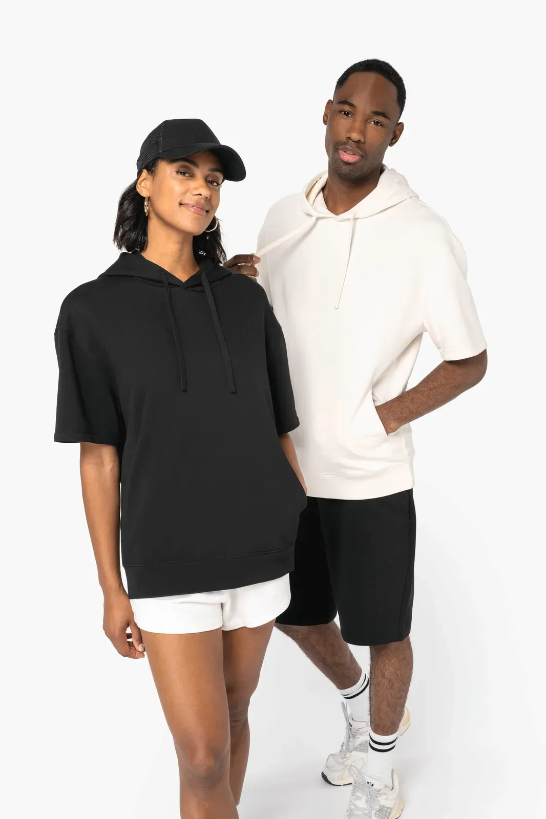 Sweat-shirt écoresponsable à capuche à épaules tombantes manches courtes French Terry unisexe