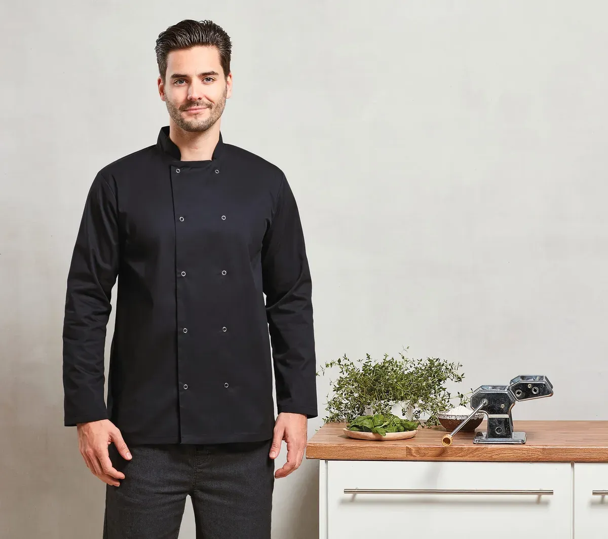 Chaqueta de cocina de manga larga con automáticos