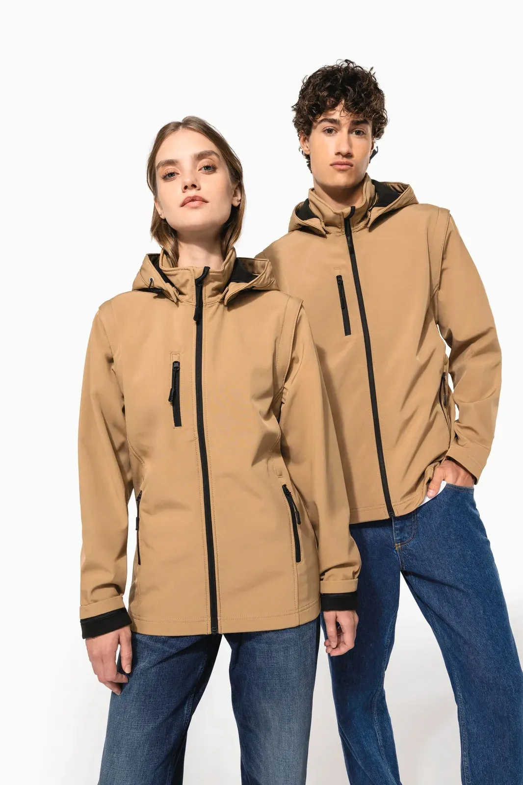 Unisex 3-layer softshell hooded jacket with removable sleeves