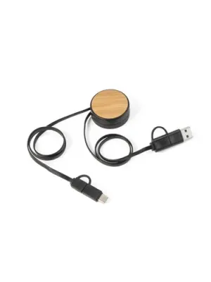 RUBINS. 6-in-1 retractable USB cable in recycled ABS (100% rABS) and bamboo
