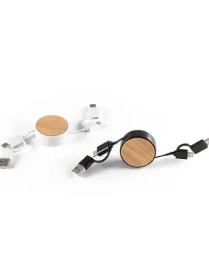 RUBINS. 6-in-1 retractable USB cable in recycled ABS (100% rABS) and bamboo
