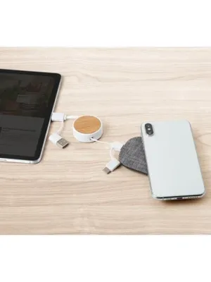 RUBINS. 6-in-1 retractable USB cable in recycled ABS (100% rABS) and bamboo