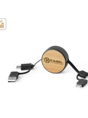 RUBINS. 6-in-1 retractable USB cable in recycled ABS (100% rABS) and bamboo