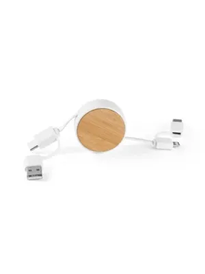 RUBINS. 6-in-1 retractable USB cable in recycled ABS (100% rABS) and bamboo – Blanc