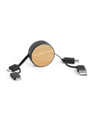 RUBINS. 6-in-1 retractable USB cable in recycled ABS (100% rABS) and bamboo – Noir