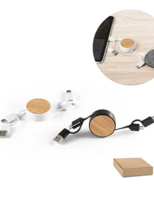 RUBINS. 6-in-1 retractable USB cable in recycled ABS (100% rABS) and bamboo