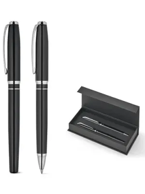 SARAMAGO. Set premium compuesto por 1 bolígrafo y 1 roller en cobre y acero inoxidable, con tinta azul