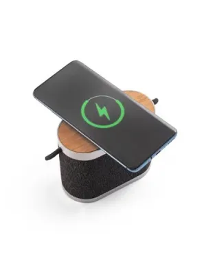 GUETTA. 5W portable speaker with super-fast 15W wireless charger and 2h battery life made of bamboo and recycled PET (100% rPET)