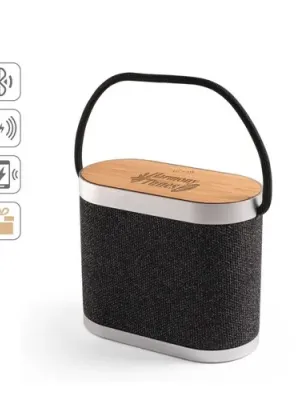 GUETTA. 5W portable speaker with super-fast 15W wireless charger and 2h battery life made of bamboo and recycled PET (100% rPET)