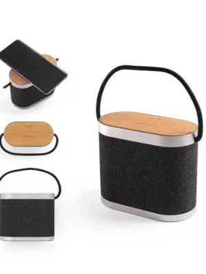GUETTA. 5W portable speaker with super-fast 15W wireless charger and 2h battery life made of bamboo and recycled PET (100% rPET)
