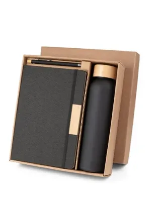 SCLIAR. Ensemble composé d'un stylo à bille, d'un bloc-notes et d'une bouteille, fabriqués à partir de PET recyclé, d'aluminium – Noir