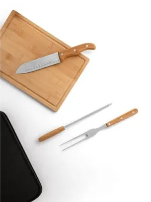 FLARE. Ensemble de 5 pièces pour barbecue en bois et acier inoxydable et une planche de bambou