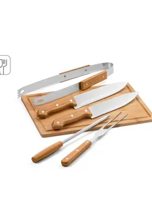 FLARE. Ensemble de 5 pièces pour barbecue en bois et acier inoxydable et une planche de bambou