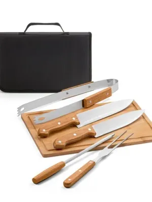 FLARE. Ensemble de 5 pièces pour barbecue en bois et acier inoxydable et une planche de bambou