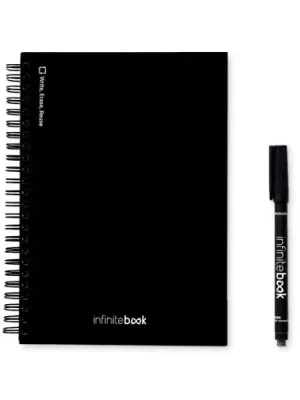 STARTER KIT INFINITEBOOK A5. Le set comprend un "Infinitebook", un kit de nettoyage, un marqueur et un porte-marqueur – Noir