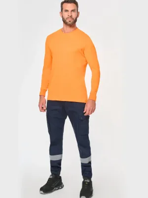 Unisex trousers with elasticated bottom leg and reflective band