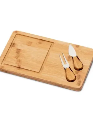 WOODS. Plateau à fromage avec 2 ustensiles en bambou e acier inoxydable – Naturel