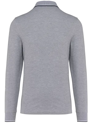 Men’s long-sleeved piqué knit polo shirt – Oxford Grey / Navy / White