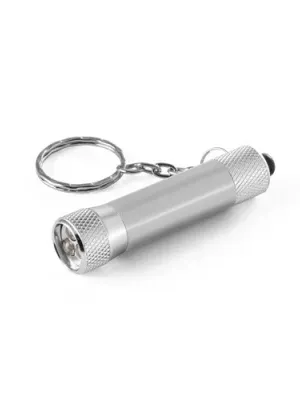 RE-LERGAN. Porte-clés en aluminium (92 % recyclé) avec lampe de poche LED à 3 lumières – Argenté satiné