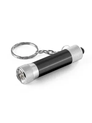RE-LERGAN. Porte-clés en aluminium (92 % recyclé) avec lampe de poche LED à 3 lumières – Noir