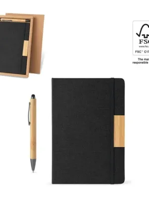 HOMERO. Set composé d'un bloc-notes A5 à couverture rigide et d'un stylo à bille en bambou