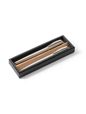 ELLA. Set de bolígrafo y roller con cuerpo de acero inoxidable (53% rSS) con clip – Argenté satiné