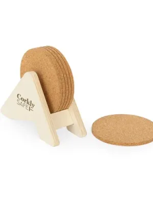 PLYCORK. Soporte de madera contrachapada con 6 posavasos de corcho