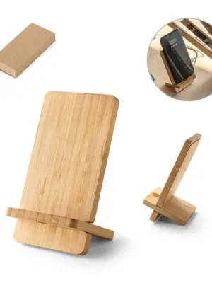 LANGE. Soporte para smartphone con cargador inalámbrico, ultrarrápido, de 15 W en bambú