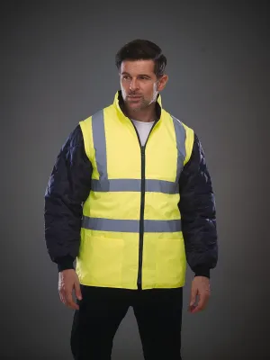 Hi-vis quilted jacket with detachable sleeves