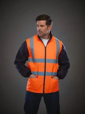 Hi-vis quilted jacket with detachable sleeves