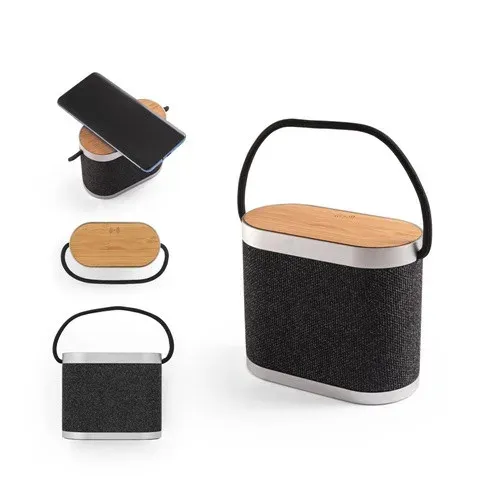 GUETTA. Enceinte portable de 5 W avec chargeur sans fil ultra-rapide de 15 W et autonomie de 2 h en bambou et PET recyclé (100