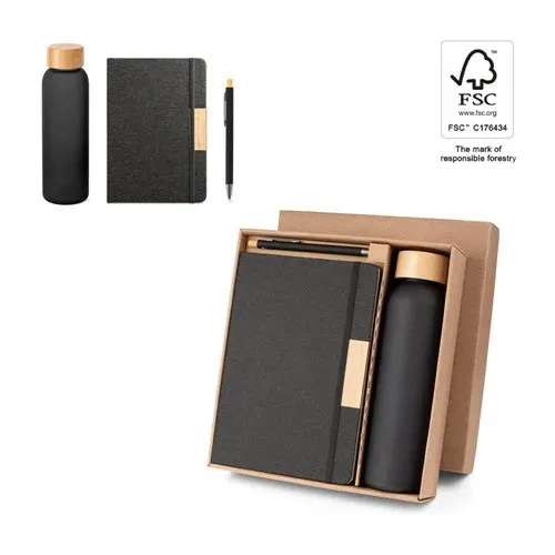 SCLIAR. Ensemble composé d'un stylo à bille, d'un bloc-notes et d'une bouteille, fabriqués à partir de PET recyclé, d'aluminium