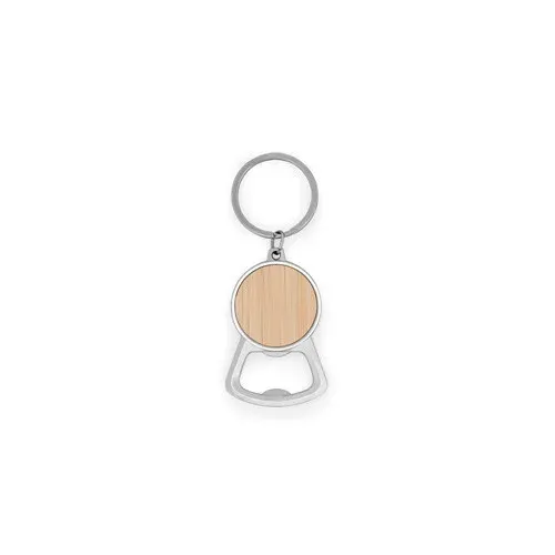 MEEKO. Iron keychain with a round shape in zinc and bamboo