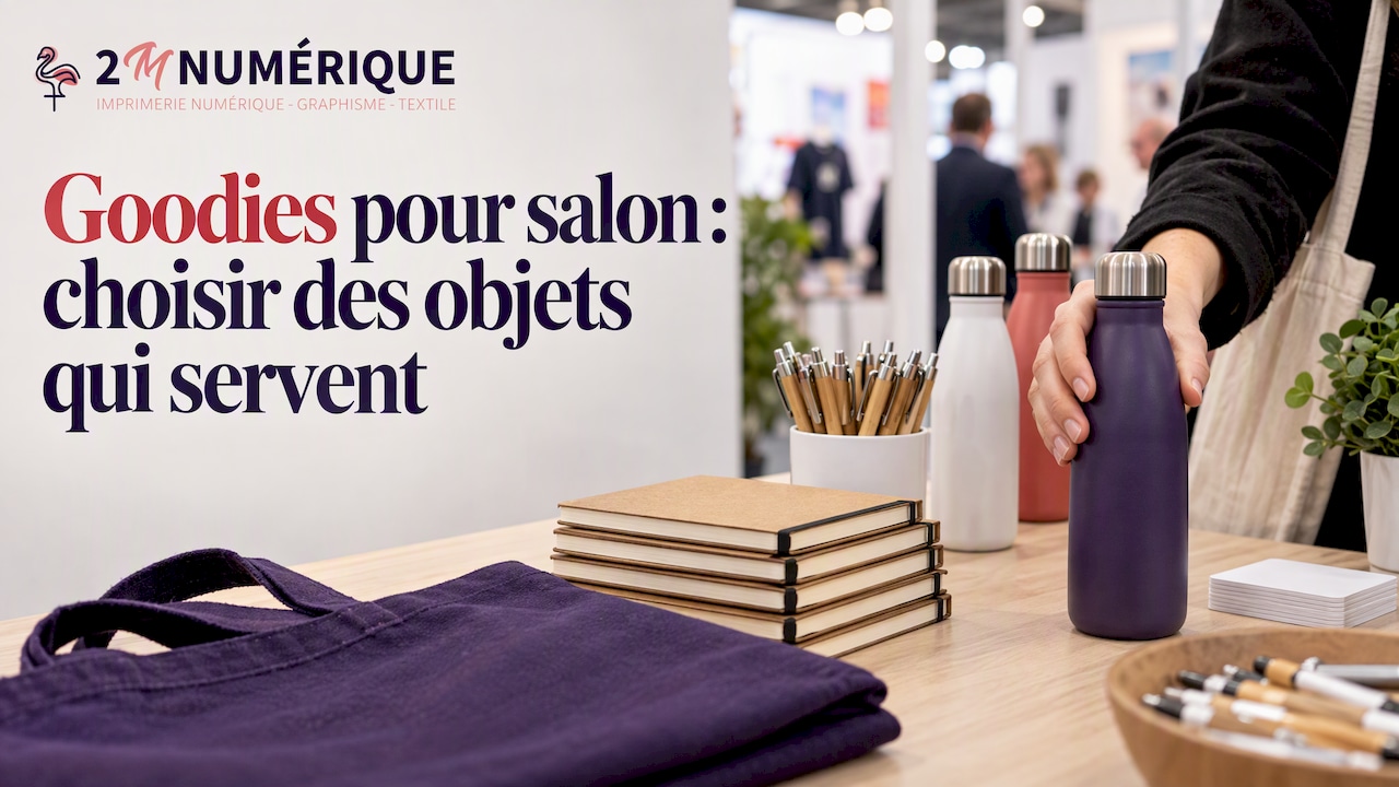 Un visiteur choisissant des goodies pratiques sur un stand