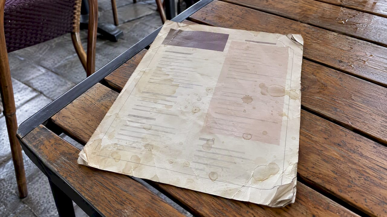 Menu en papier froissé et taché sur une terrasse